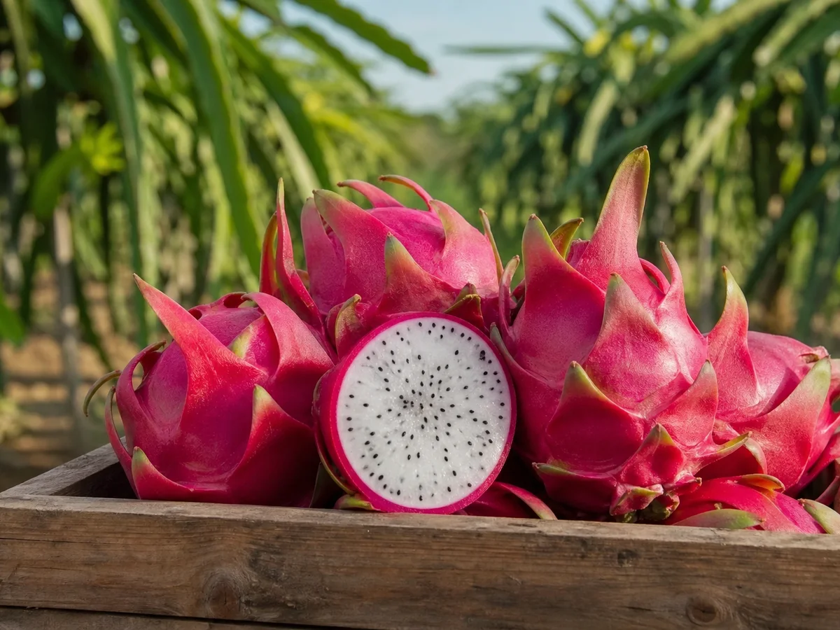 Fresh red dragon fruit in a crate